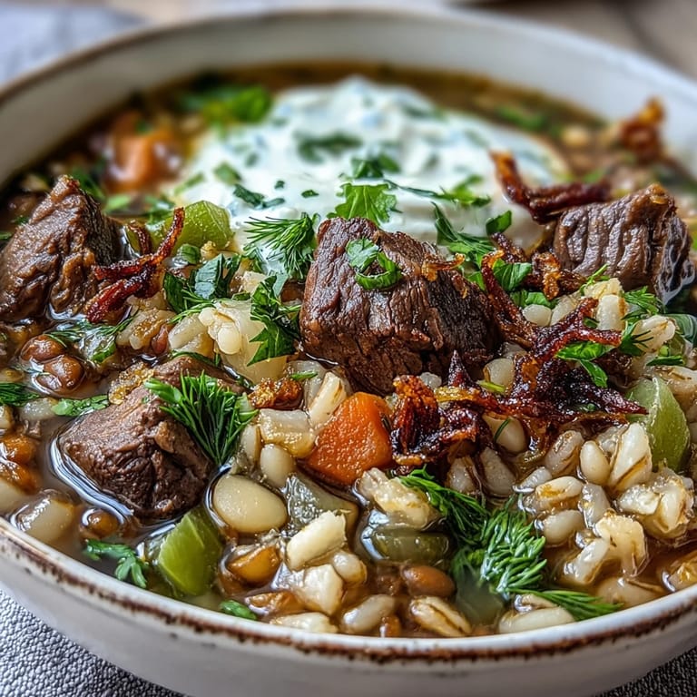 Savory Persian-inspired Beef Barley Soup garnished with fresh herbs, perfect with crusty bread for dipping.