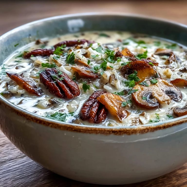 Earthy Wild Rice Mushroom Soup simmering with thyme and rosemary, alongside crusty bread for a cozy vegetarian dinner.