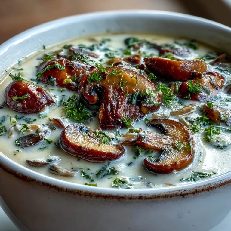 A spoonful of hearty Wild Rice Mushroom Soup revealing rich broth, wild rice grains, and sautéed mushrooms.