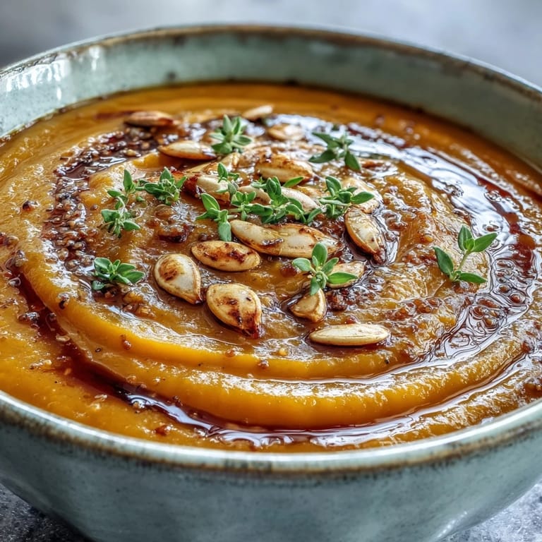 Close-up of golden Butternut Squash Soup, rich and velvety, ready to be served with crusty bread.