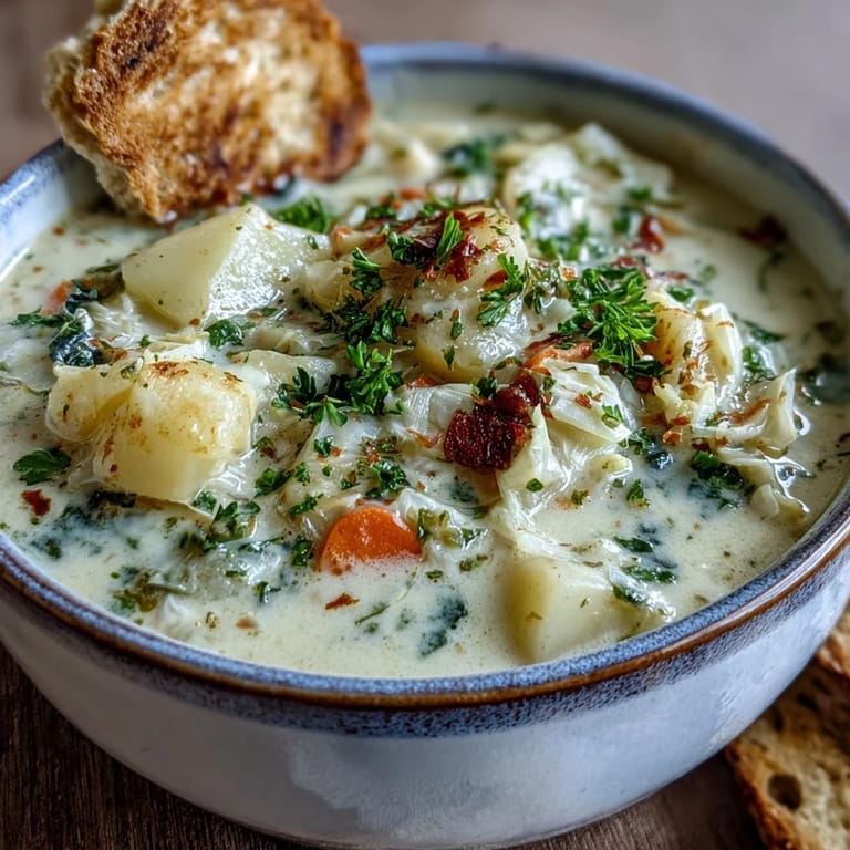 Cozy serving of Creamy Potato Soup with Cabbage, topped with parsley, paired with crusty bread on a wooden table.