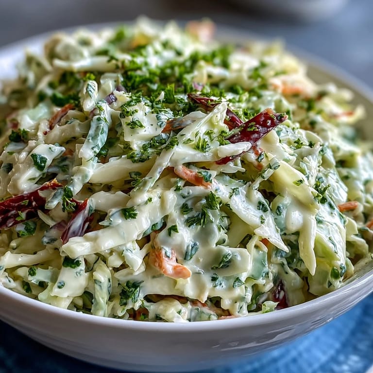 Freshly tossed Coleslaw with Creamy Dressing in a rustic white bowl, garnished with a sprinkle of celery seed, ready for a backyard barbecue side dish.