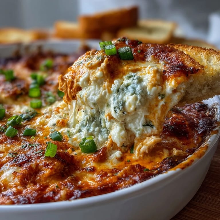 Creamy, spicy Buffalo Chicken Dip coming out of the oven, golden cheese crust with a side of crisp celery sticks for game day.