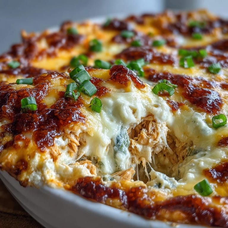 Cheesy Buffalo Chicken Dip in a baking dish, garnished with fresh green onions, ready to be scooped with sturdy tortilla chips.