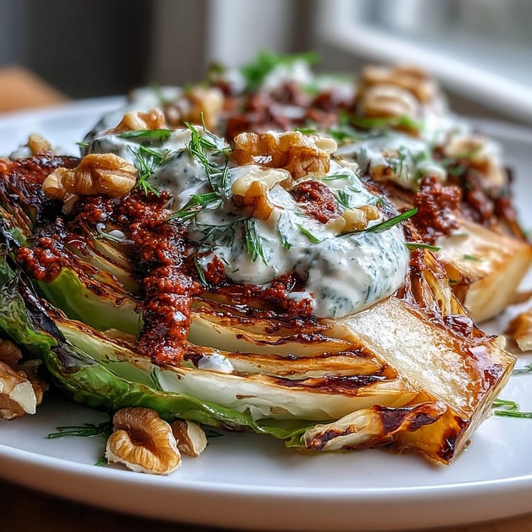 Golden-brown roasted cabbage wedges coated in a smoky walnut romesco sauce, served warm on a wooden board with a sprinkle of chopped parsley and lemon slices.  
