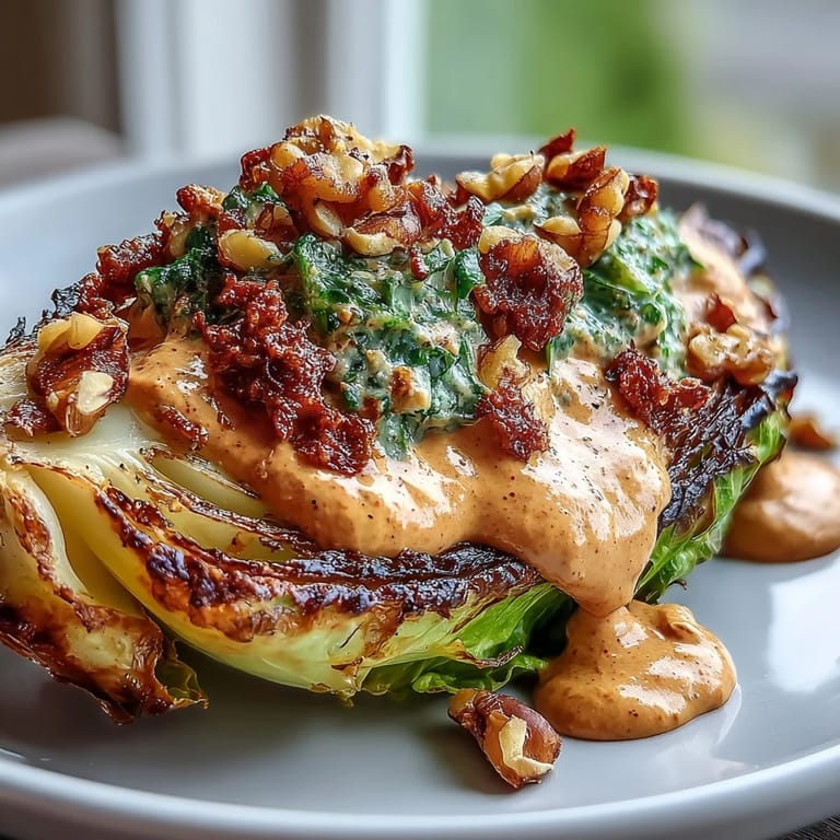 A close-up of caramelized cabbage wedges drenched in nutty romesco, garnished with toasted walnuts and fresh parsley, perfect for a cozy winter side or vegetarian meal.