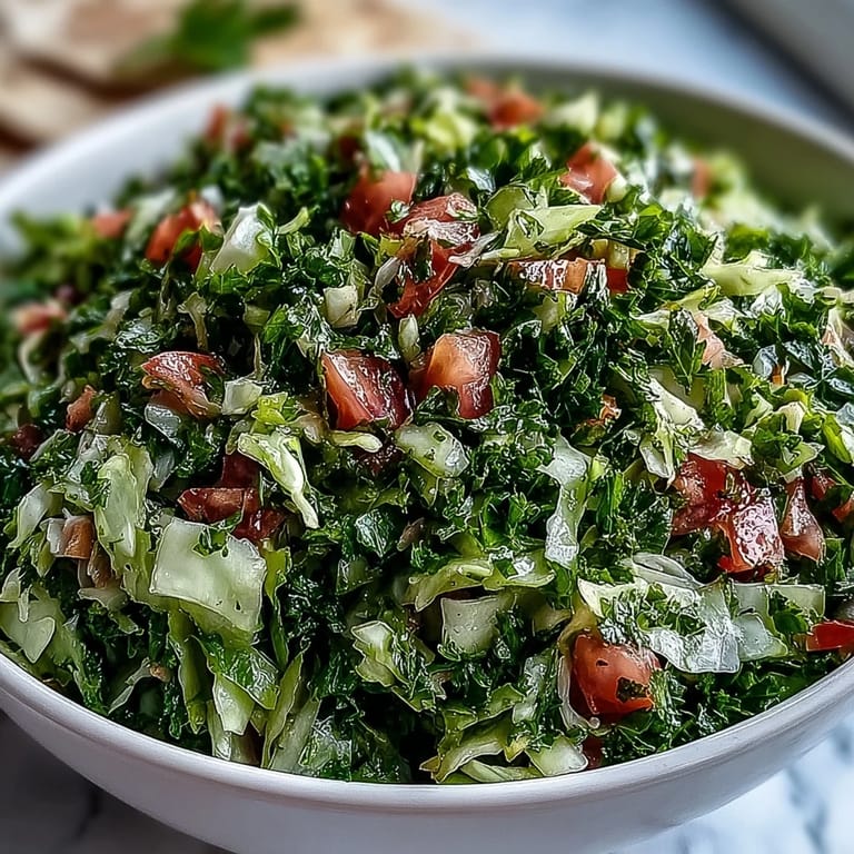 Colorful Lebanese Cabbage Salad with crunchy cabbage, cucumber, and tomato, garnished with fresh herbs and drizzled with tangy citrus dressing.