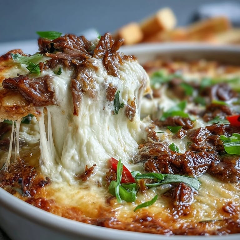 Hot Philly Cheesesteak Dip topped with extra provolone, served with sturdy tortilla chips for game day snacking.