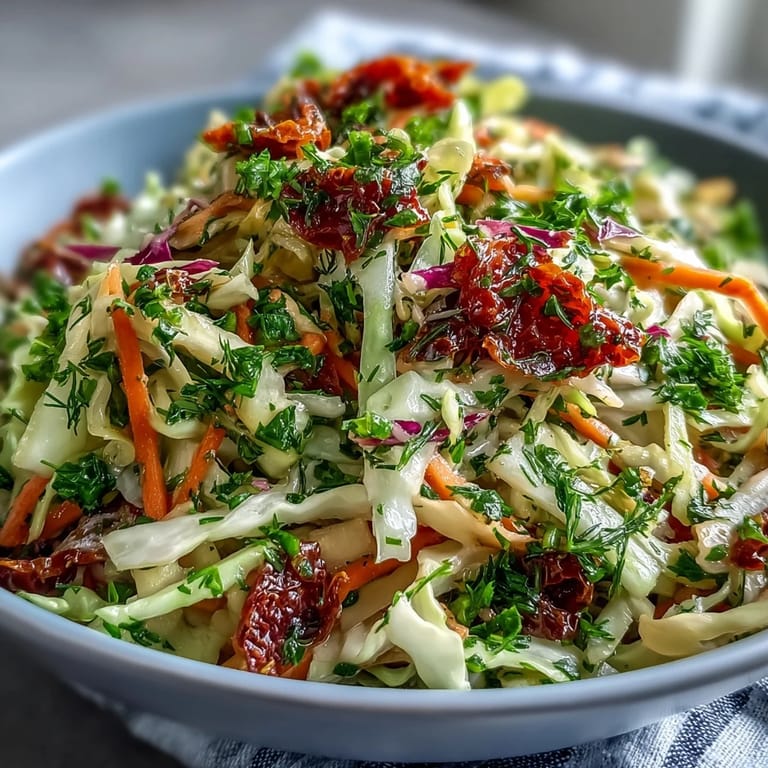 A close-up of a vegetarian Cabbage Salad With Sundried Tomatoes, featuring bright red bell pepper strips and glistening herby dressing.