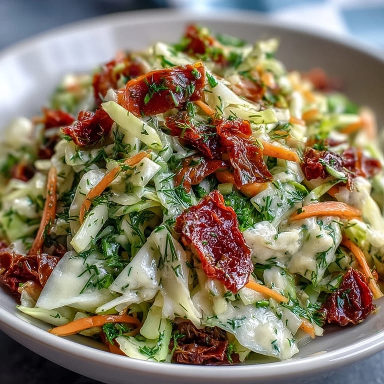 Healthy and crunchy Cabbage Salad With Sundried Tomatoes garnished with fresh dill and chives, perfect for a refreshing light lunch.