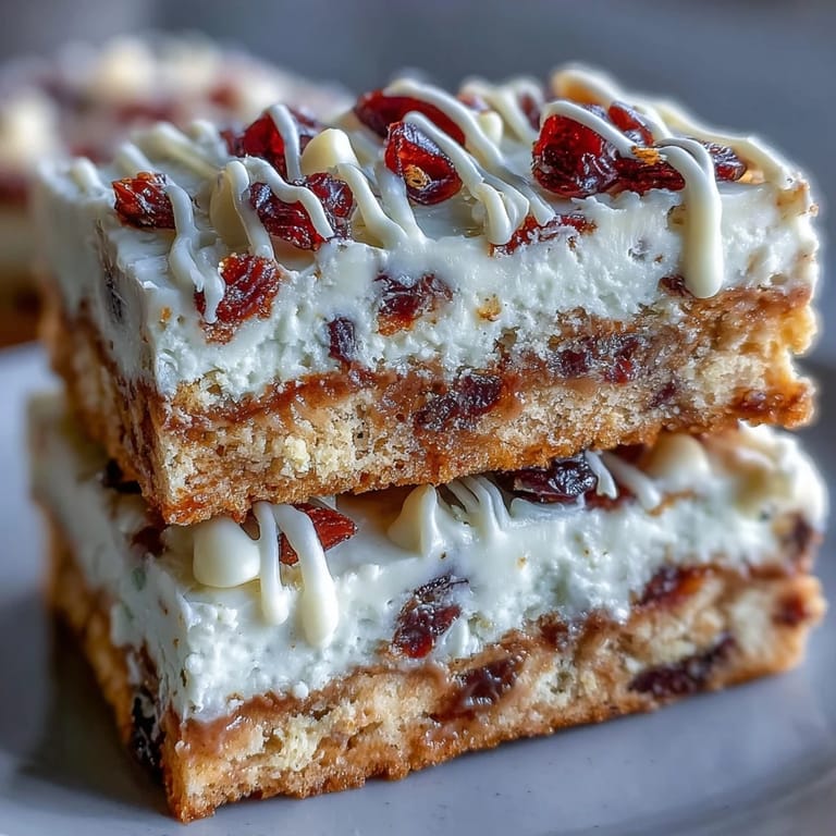 Decadent Cranberry Bliss Bars plated for a holiday dessert spread, featuring buttery base and white chocolate drizzle.