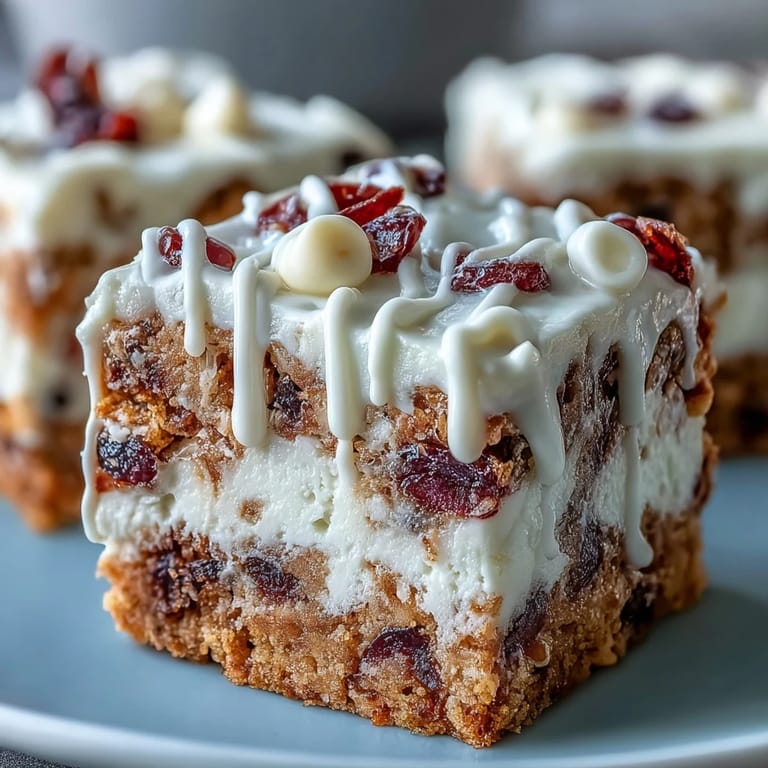 Warm Cranberry Bliss Bars cooling on a wire rack, crowned with creamy orange frosting and extra dried cranberry garnish.