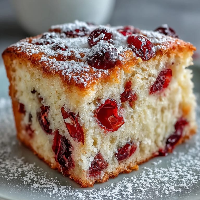 A slice of Cranberry Orange Breakfast Cake on a plate beside fresh orange wedges and cranberries, highlighting the citrusy aroma and ruby-red fruit pieces.