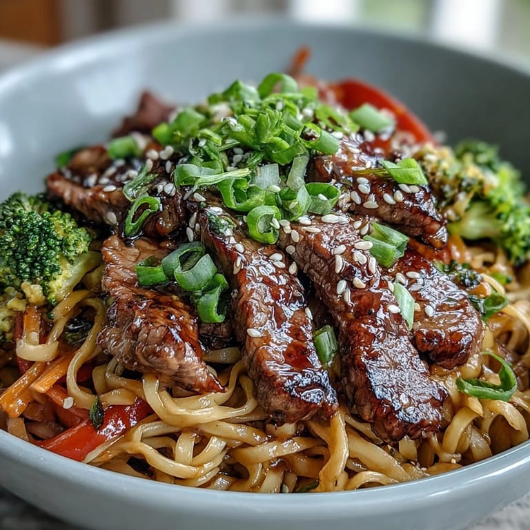 Stir-fried beef, crisp broccoli, and bell peppers mingle with rice noodles in this sizzling Korean Beef Noodles skillet.