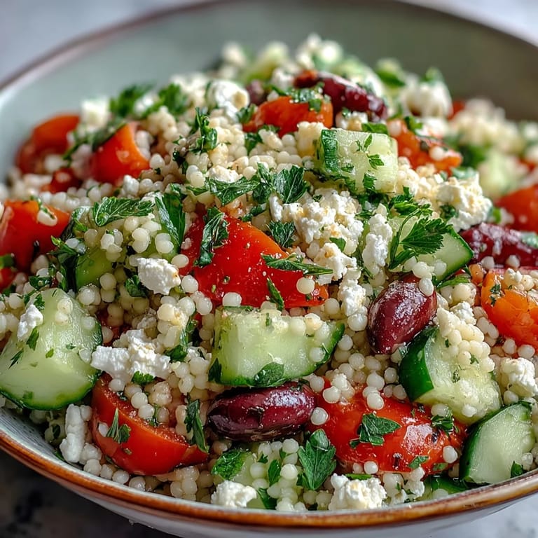 A tossed Mediterranean Pearl Couscous salad featuring kalamata olives, cherry tomatoes, and parsley in a zesty oregano vinaigrette.