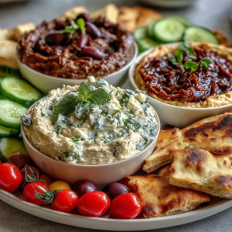 Colorful Mediterranean Brunch Board with Dips and Flatbreads, arranged with roasted red pepper dip, nuts, bell peppers, and drizzled olive oil.