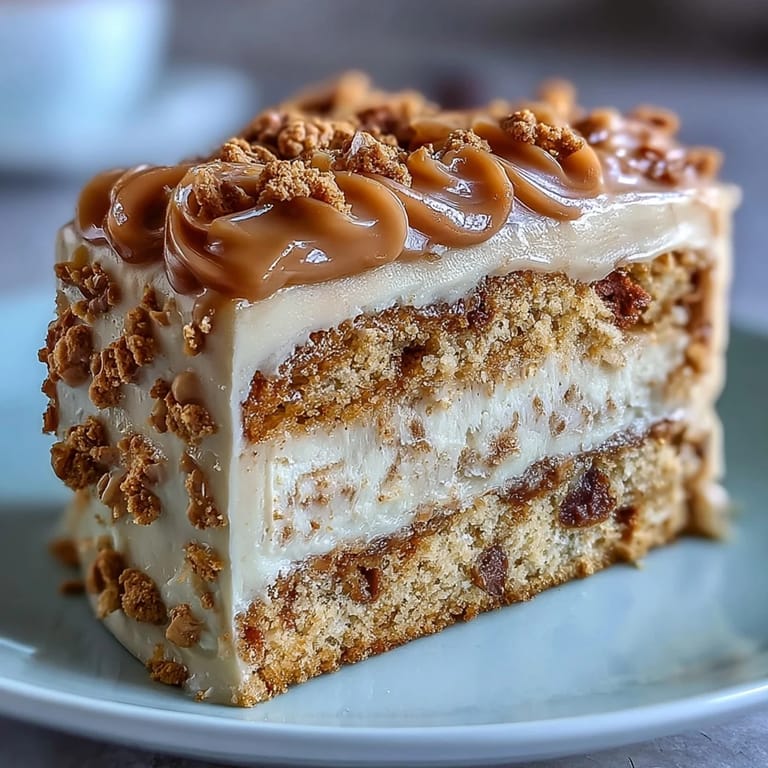 A freshly frosted Decadent Baked Biscoff Cake with Creamy Lotus Frosting, served on a rustic plate next to a steaming mug of coffee.