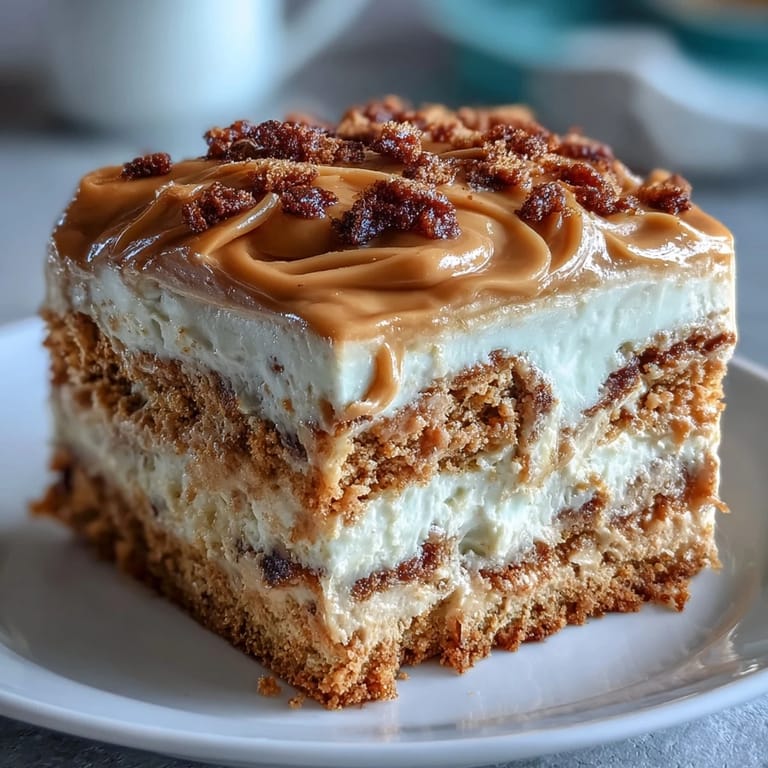 A slice of Decadent Baked Biscoff Cake with Creamy Lotus Frosting is being lifted, revealing moist vanilla sponge and caramel swirls.