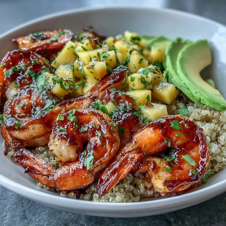 Fresh shrimp and creamy avocado bowls with zesty mango salsa and lime chili sauce served over fluffy quinoa.