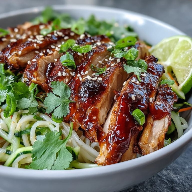 Steaming Asian Chicken Noodle Bowl with bell peppers, carrots, and lime wedges on the side.