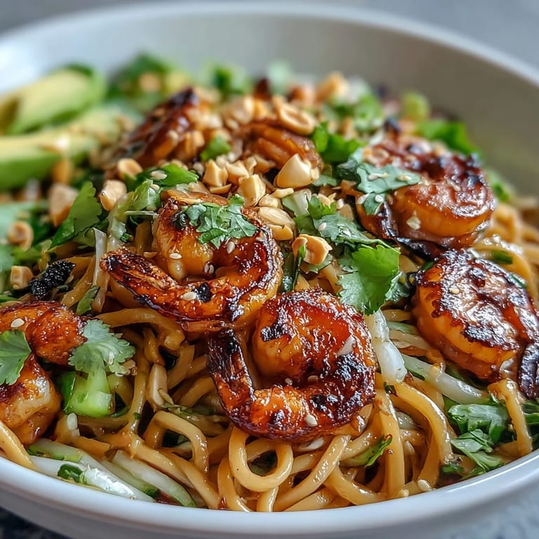 Colorful Grilled Shrimp Asian Noodle Bowl with juicy grilled shrimp over cold sesame noodles, fresh sprouts, avocado slices, and crunchy chopped peanuts.