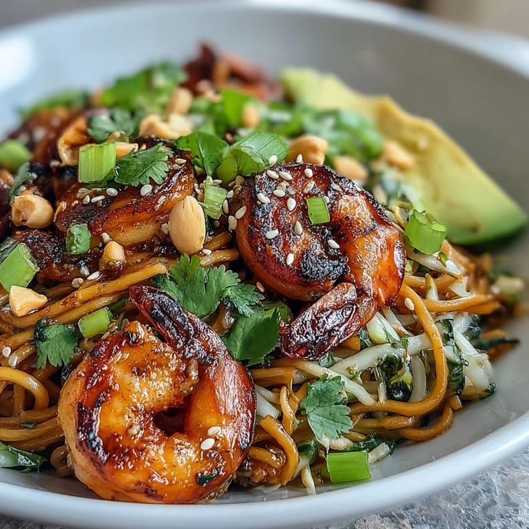 Close-up of Grilled Shrimp Asian Noodle Bowl showing charred shrimp on sesame noodles with lime wedges, cilantro, and peanut garnish.