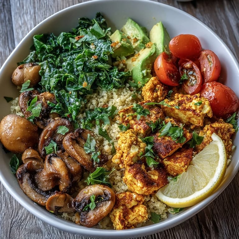 Savory Scrambled Tofu Breakfast Bowl featuring turmeric-spiced tofu, garlic mushrooms, and bright kale over a hearty couscous base.