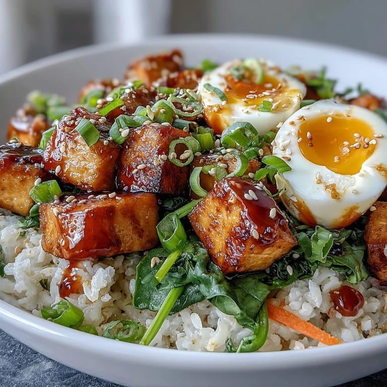 Close-up of the Tofu Jammy Egg Breakfast Bowl highlighting seasoned tofu, soft-boiled eggs, and fresh cilantro garnish.
