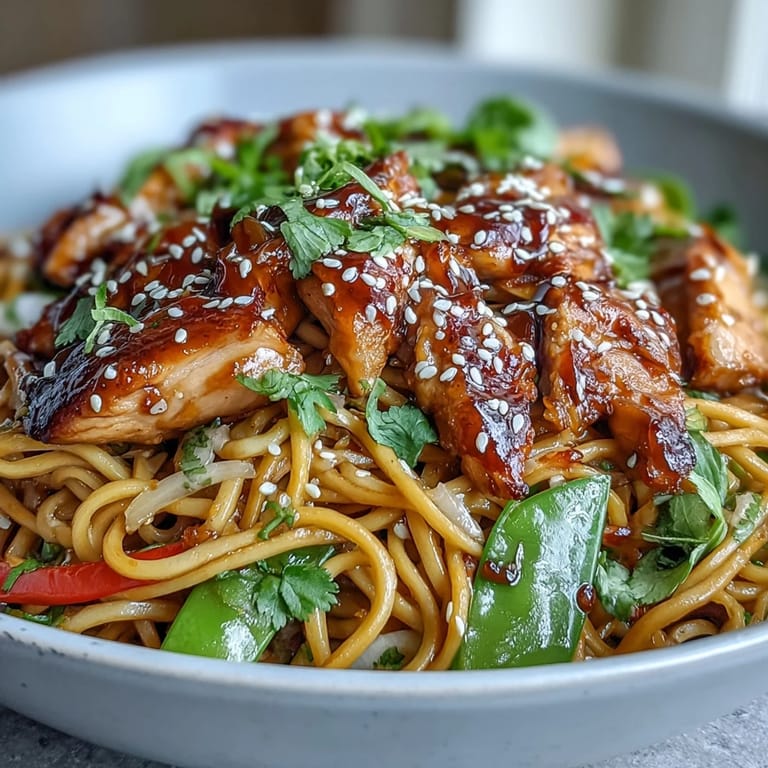 A steaming bowl of Sesame Chicken Noodle Bowl garnished with sesame seeds and lime.