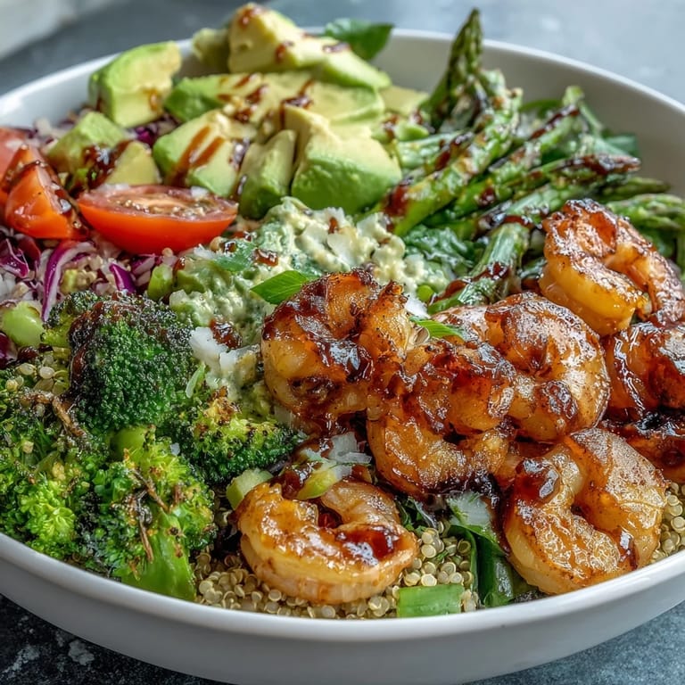 Top-down view of the Rainbow Vegetable Detox Bowl featuring crisp blanched broccoli, bright green asparagus, diced tomato, and shrimp arranged beautifully on a bed of quinoa.