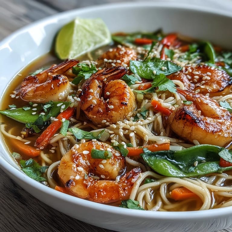Tender shrimp and seared scallops rest atop crisp snow peas and carrots in this aromatic, Asian-inspired noodle soup.