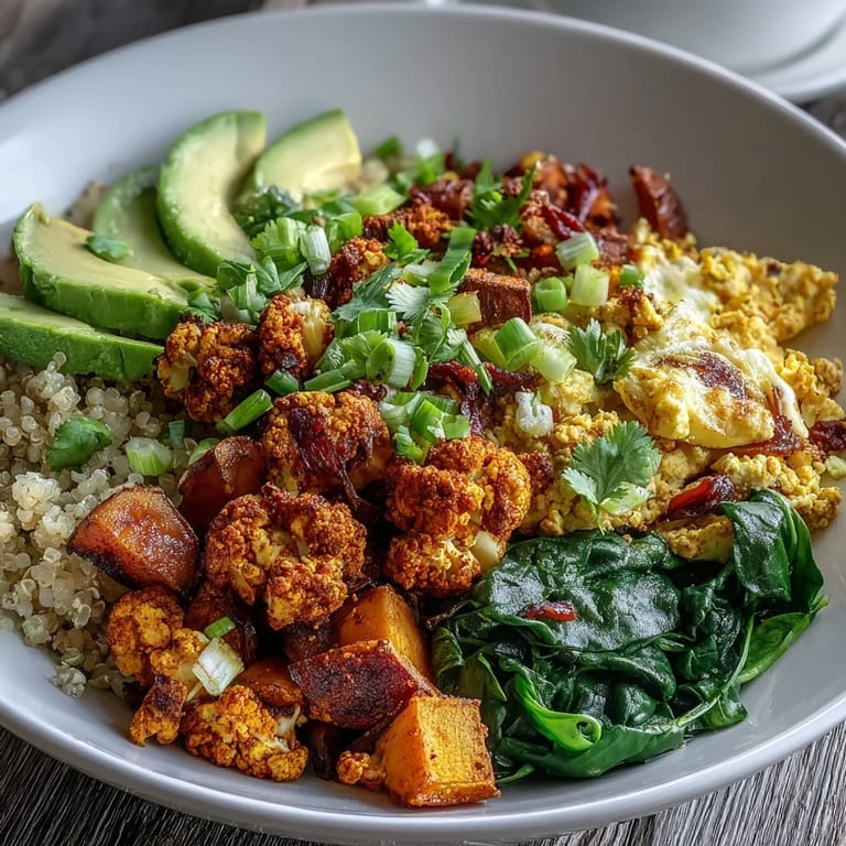 Hearty Tofu Scramble Vegan Breakfast Bowl featuring fluffy quinoa, golden roasted sweet potatoes, and sautéed spinach leaves.