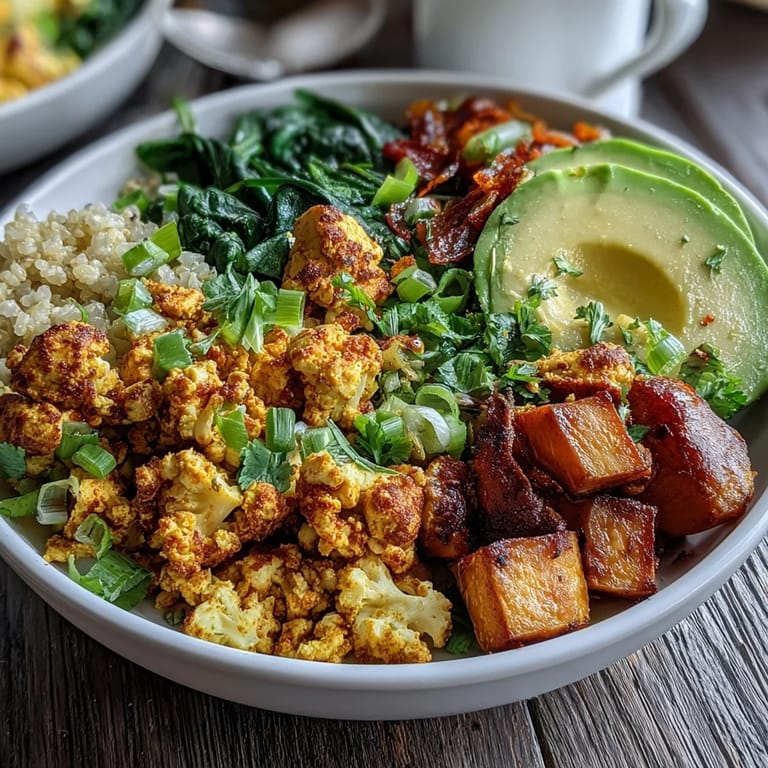 Colorful Tofu Scramble Vegan Breakfast Bowl served with spiced tofu, tender sweet potato cubes, and sliced avocado.