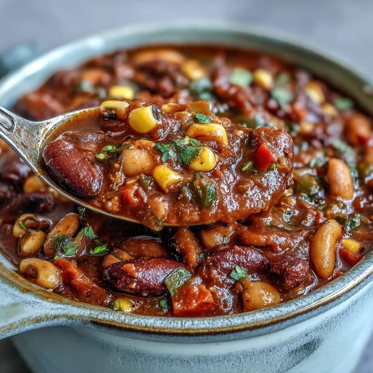 A hearty bowl of Black-Eyed Pea Chili topped with sour cream and fresh cilantro.