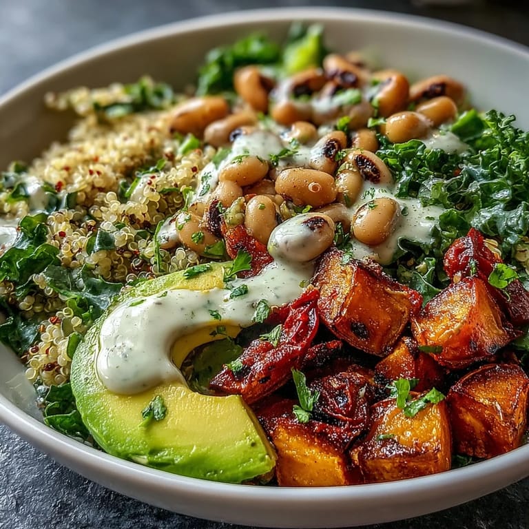 Colorful Black-Eyed Pea Buddha Bowl featuring warm spices, sautéed onions, and a nutritious mix of grains and greens.