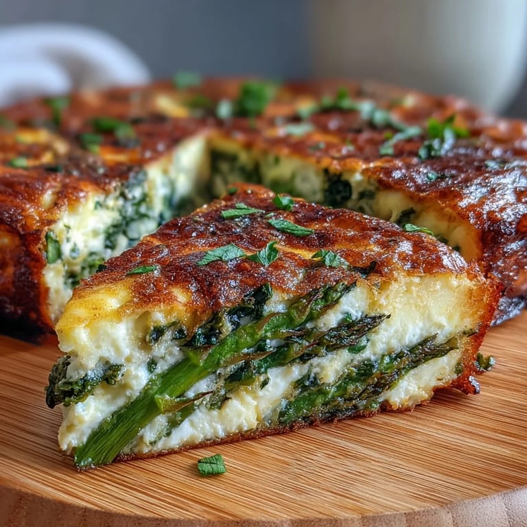 Golden-baked asparagus and goat cheese frittata with vibrant spring vegetables, perfect for a light Mediterranean meal.  