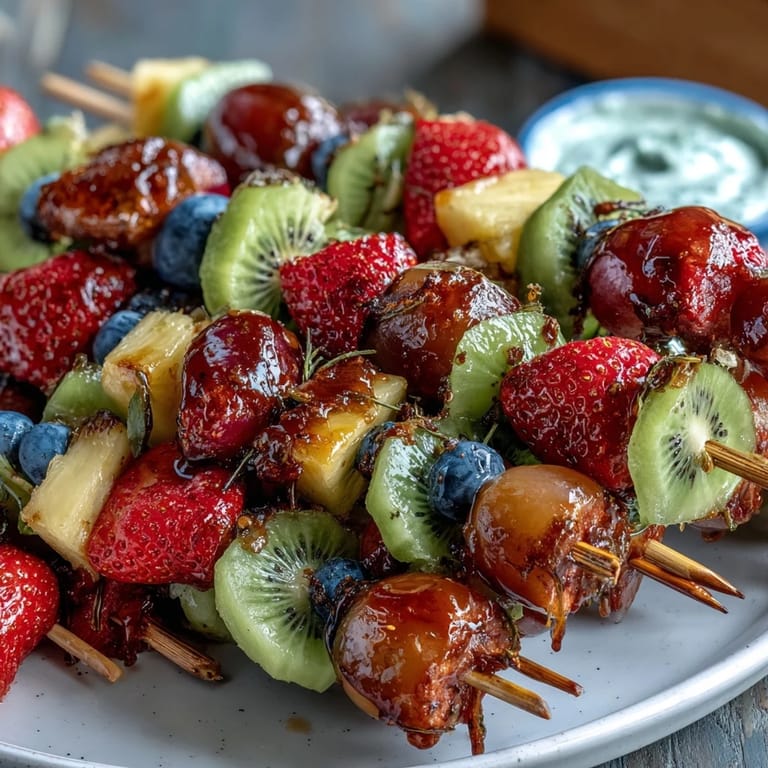 Kid-friendly bento box featuring fresh fruit skewers, savory sides, and a sweet yogurt dip.