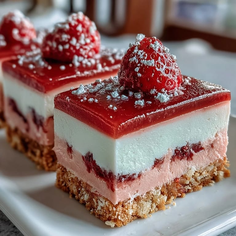 Tangy strawberry lemonade filling gleams atop a buttery shortbread base, sliced into neat squares and lightly dusted with powdered sugar for a bright, summery dessert.