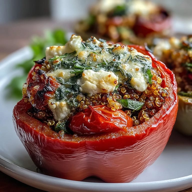 Golden bell peppers stuffed with fragrant quinoa, fresh herbs, and juicy tomatoes, baked to perfection for a wholesome dinner.