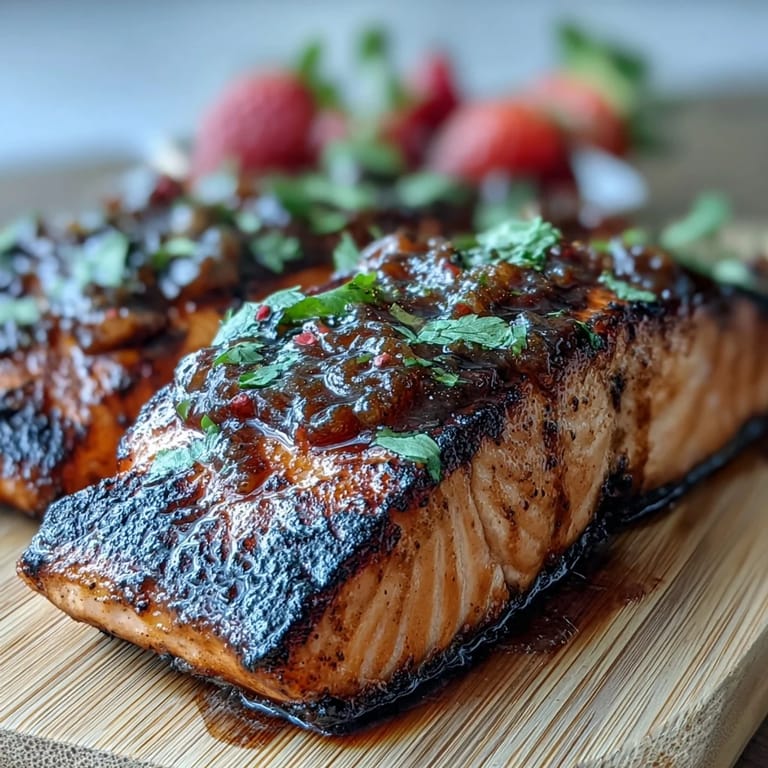 Juicy grilled salmon served with zesty strawberry salsa, perfect for a light, gluten-free, dairy-free meal.