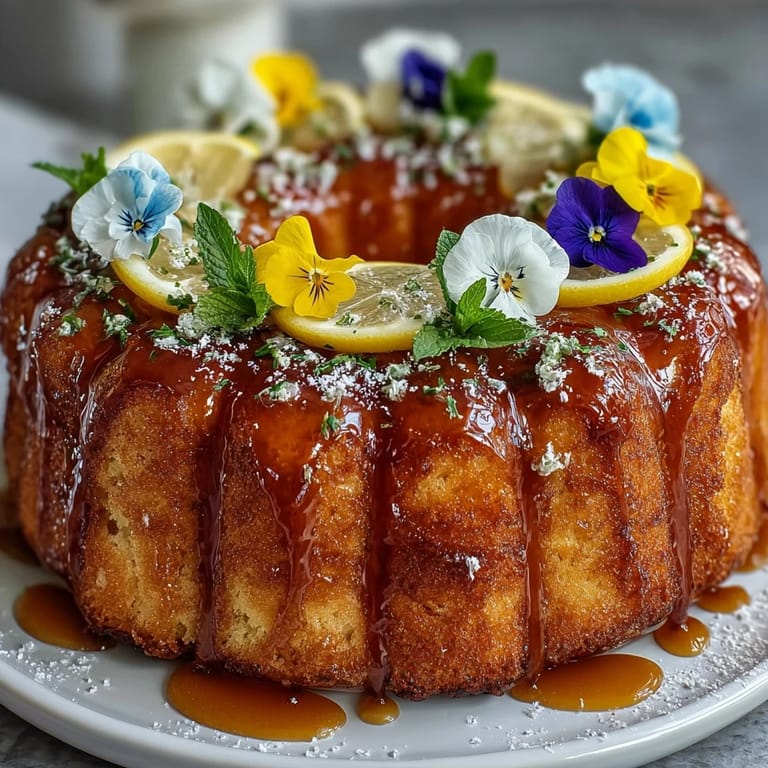 A moist lemon cake with a bright citrus glaze and vibrant edible flowers, ideal for a spring dessert centerpiece.