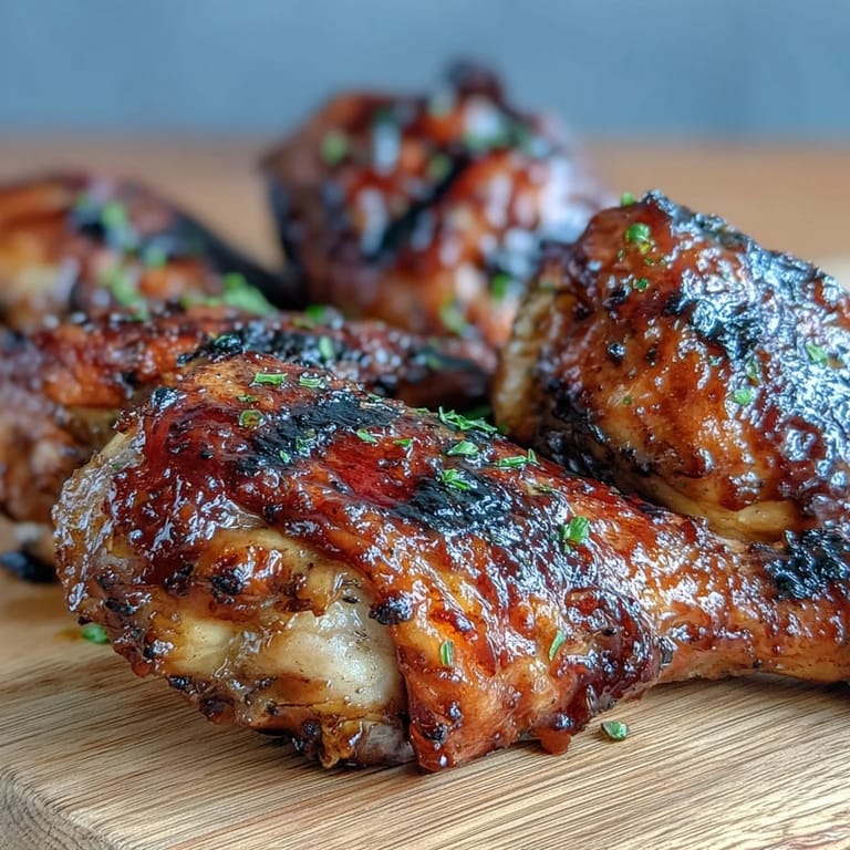 Sticky honey garlic chicken thighs sizzling on the grill, skin perfectly charred and juicy.