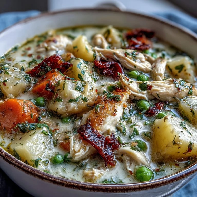 Comforting chicken pot pie soup loaded with vegetables, slow-cooked for deep flavor and creamy richness.