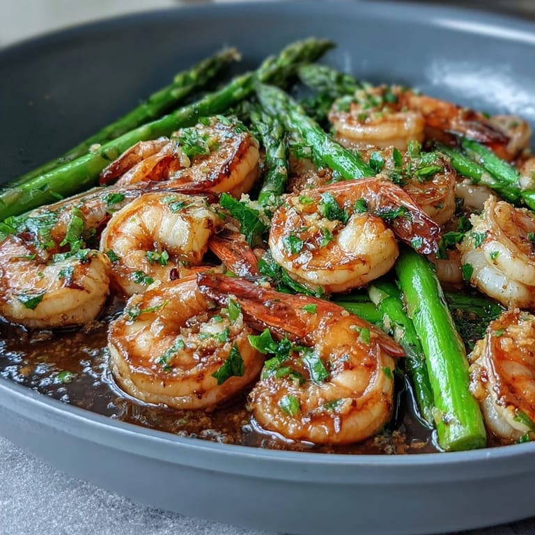 Bright and zesty one-pan meal featuring succulent shrimp, crisp asparagus, and aromatic lemon-garlic sauce, perfect for quick weeknight dinners.
