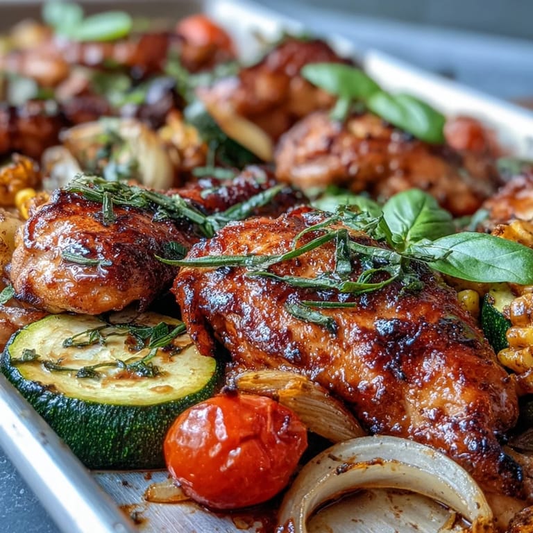 Juicy chicken breasts surrounded by golden corn, tender zucchini, and sweet red onion on a single sheet pan.