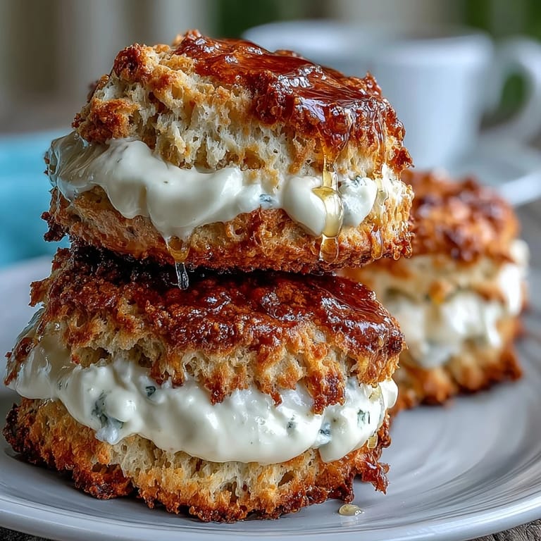 Delicate, honey-sweetened scones topped with clotted cream, perfect for a springtime brunch or elegant tea party spread.