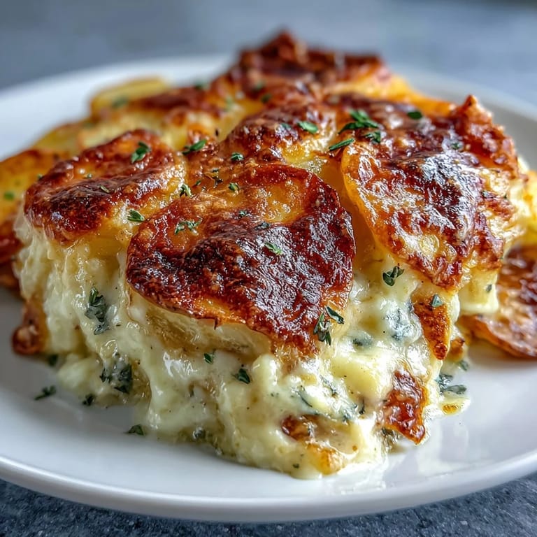 Baked scalloped potatoes with Gruyere, showcasing velvety cream sauce and a crispy golden top, perfect for Easter dinner or special occasions.