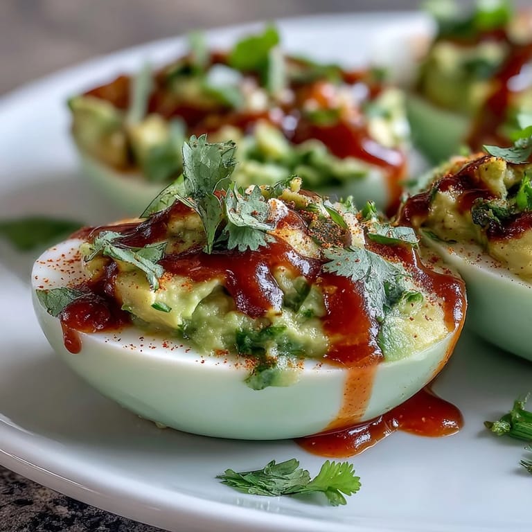 Fresh deviled eggs with avocado filling, garnished with cilantro and a touch of Sriracha for a spicy twist.