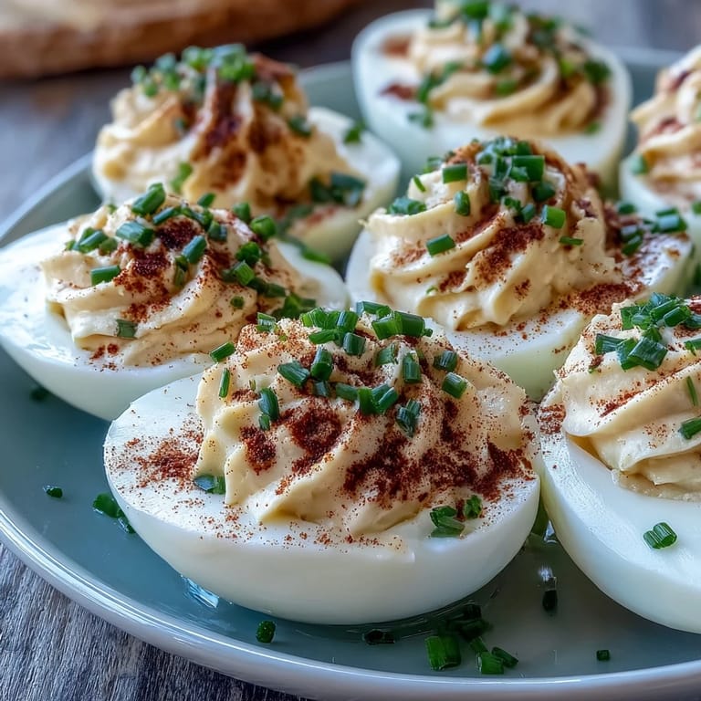 Tangy yolk filling piped into egg whites, topped with smoked paprika and fresh chives.