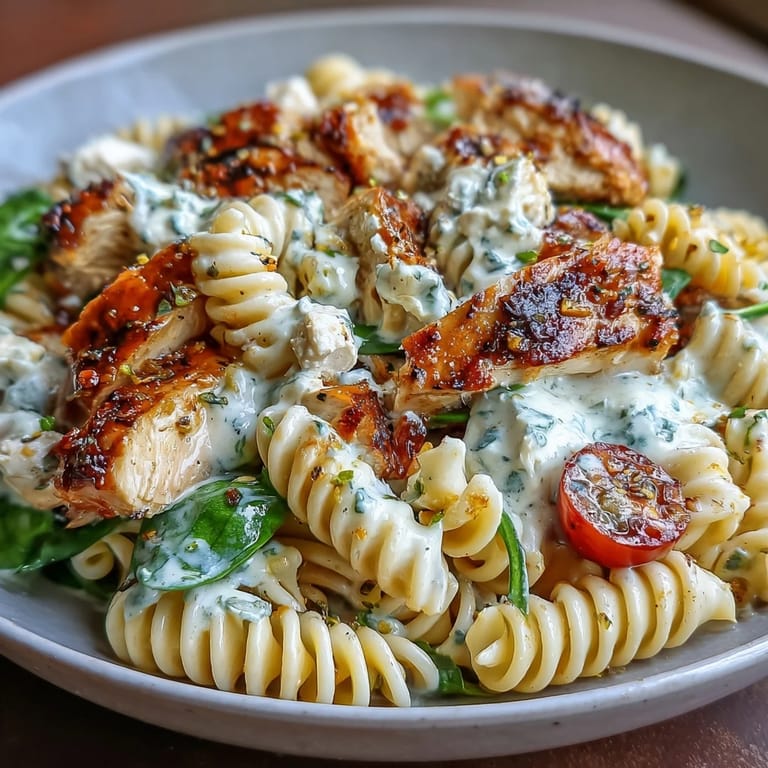 Savory pasta bowl featuring tender chicken breast, protein-rich cottage cheese, and sautéed spinach in a light olive oil sauce.  